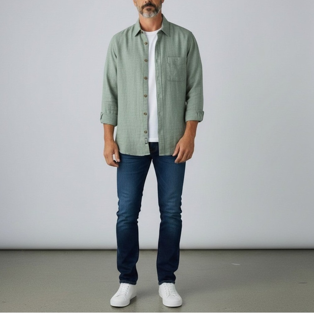 Old Navy Mens Everyday Shirt XL Regular Fit Linen Blend Sage Green Long Sleeve